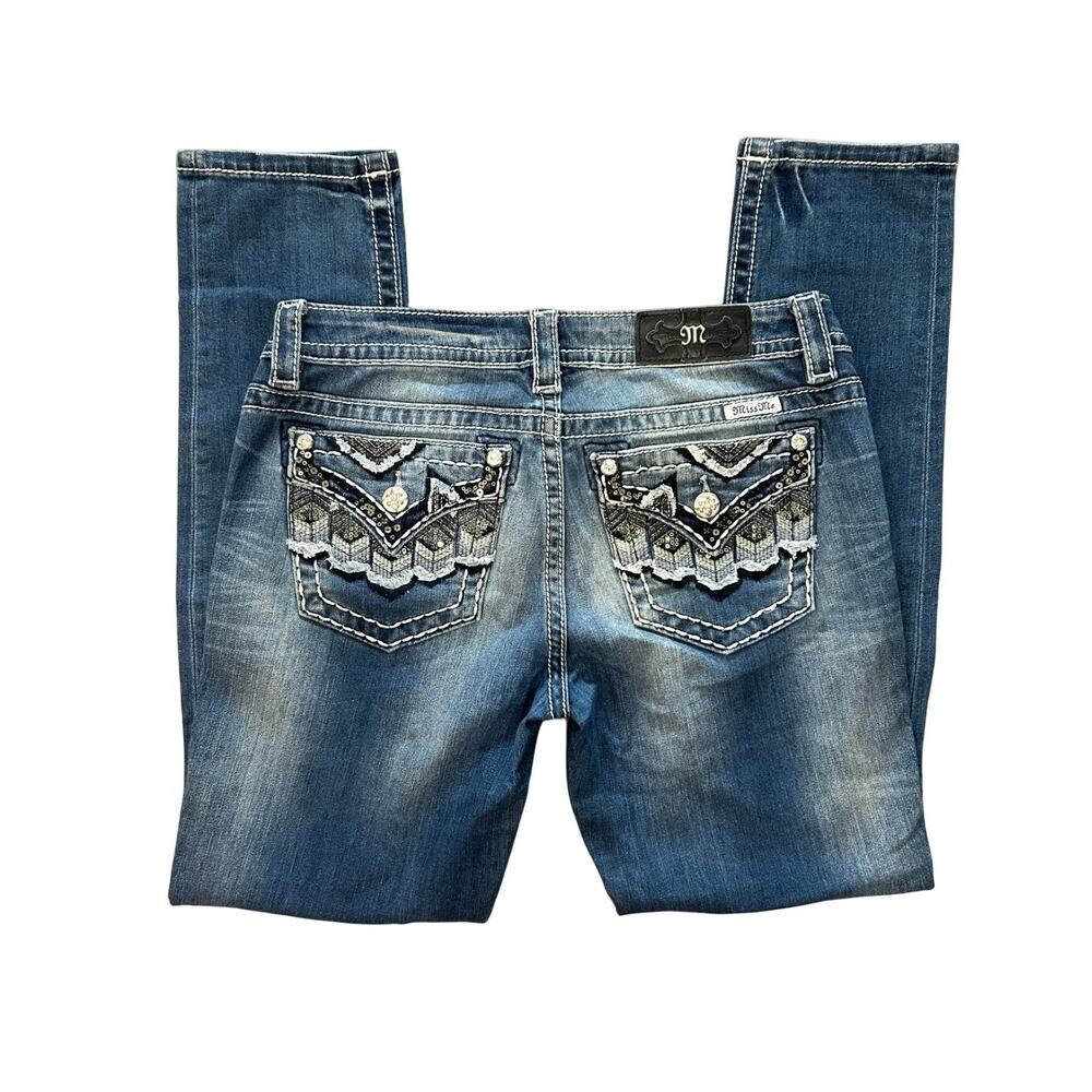 Miss Me Womens 29 Skinny Blue Jeans Embroidered Sequin Rhinestone Flap Pockets